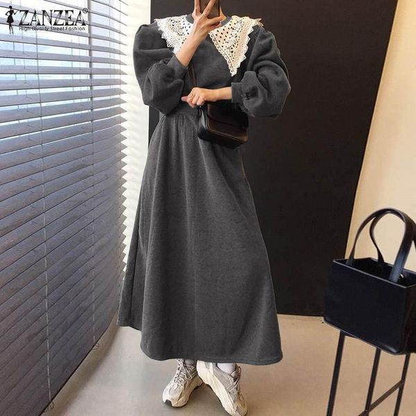 

casual dresses women elegant lace patchwork robe solid long sweatshirt dress lady autumn puff sleeve vestido winter hoodies maxi, Black;gray