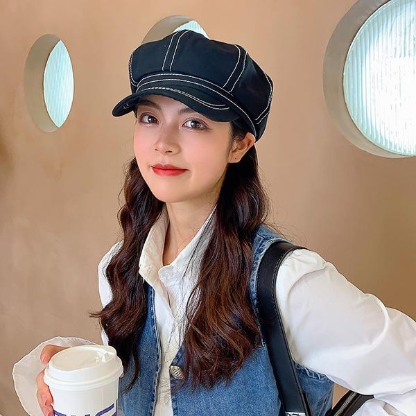 

stingy brim hats octagonal hat women british style retro autumn black korean version all-match japanese bright line sboy berets cap, Blue;gray