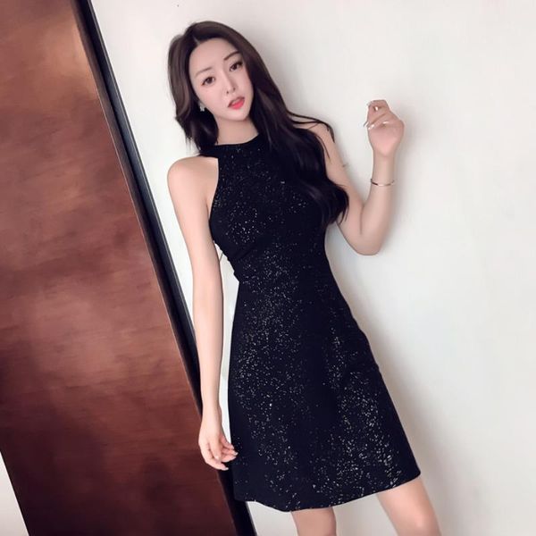 

#5072 summer sleeveless mini dress women shinny black short party ladies club a-line womens dresses o neck casual, Black;gray