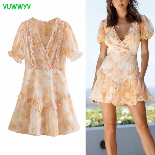

vuwwyv summer chiffon floral print ruffle women dress vintage short sleeve mini dresses woman out going vestidos lining 210430, Black;gray