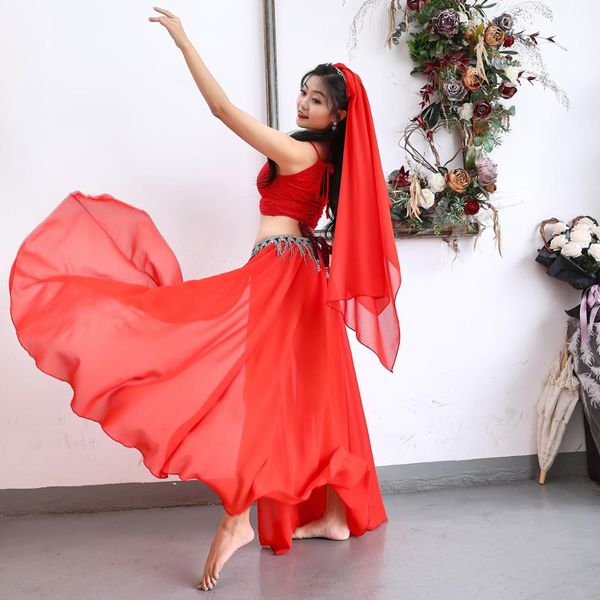 

golden age new belly dance practice clothes women oriental dance long big swing skirt long dance clothes 2-5pcs belly suit, Black;red