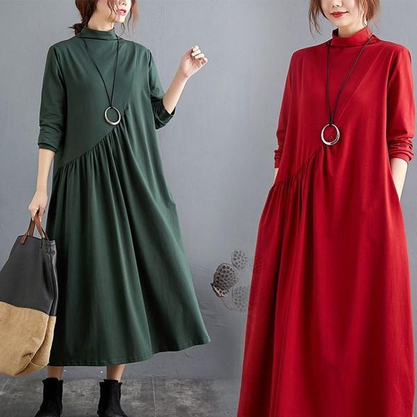 

plus size women dress long sleeve turtleneck pleated elegant lady vestidos autumn winter cotton loose female clothing rh672 casual dresses, Black;gray