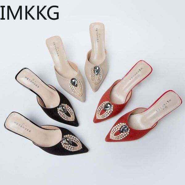 

slippers mules women summer shoes pointed toe thin heels fashion luxury crystal party ladies high comfortable slides, Black