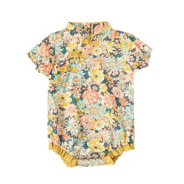 

rompers 2021 summer 0-24m baby girl floral print cheongsam yellow ruffled short sleeve bodysuit back zipper jumpsuit toddler clothes, Blue