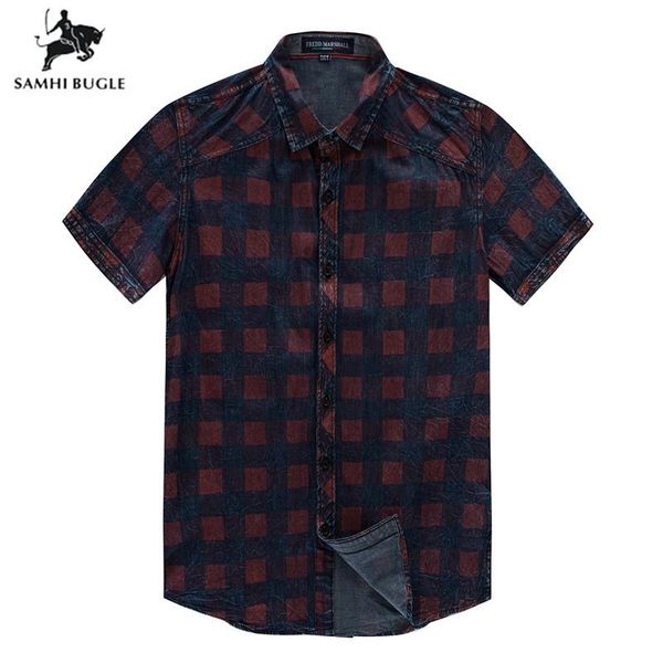 

size -xxxl 2021 summer men short sleeve casual shirt cotton plaid denim social business checked shirts men's, White;black