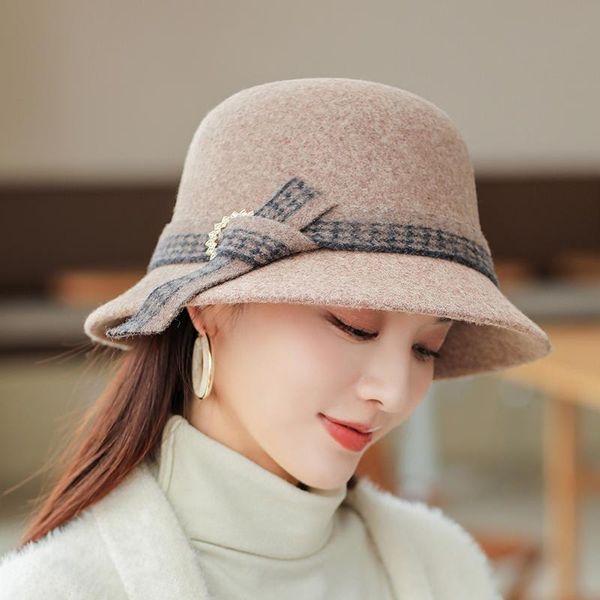 

stingy brim hats 2021 lady party formal special shade fedora women autumn and winter elegant vintage gauze flower wool felt hat, Blue;gray