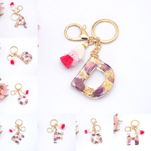 

letter pendant keychains rose petal gold foil paperresin key chains for women car keyring holder charm bag couple bag gifts, Slivery;golden