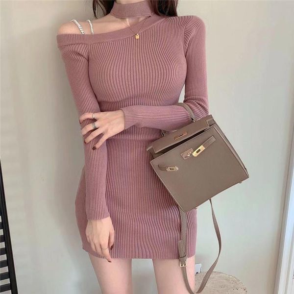 

casual dresses women knitted hollow off shoulder long sleeve elastic bodycon dress autumn vintage fashion sweater, Black;gray