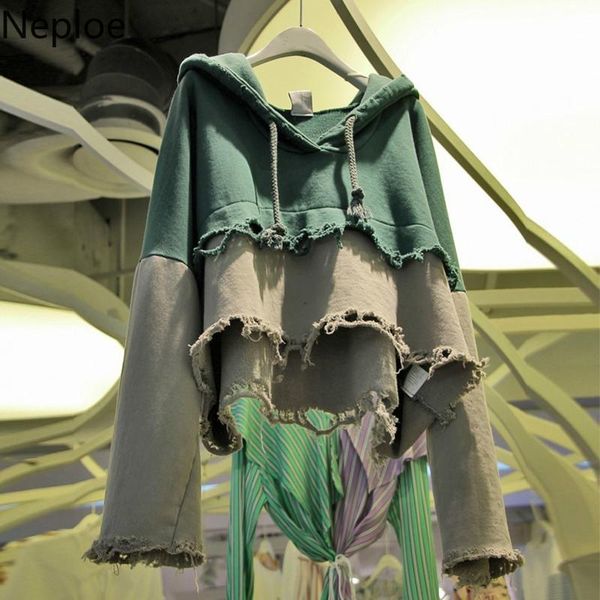 

women's hoodies & sweatshirts neploe fashion contrast color hooded pullover sweatshirt hole burr short autumn spring 2021 long sleeve 4, Black
