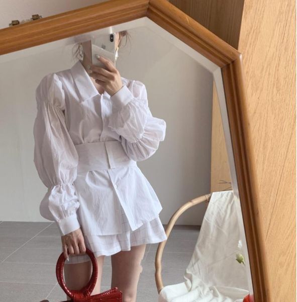 

women's blouses & shirts vintage frilled puff sleeve shirt women spring korean long white blouse casual plus size with belt