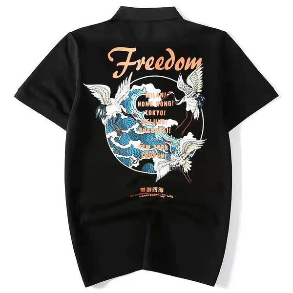 

summer fashion men's crane embroidered lapel t-shirt polo shirt, White;black