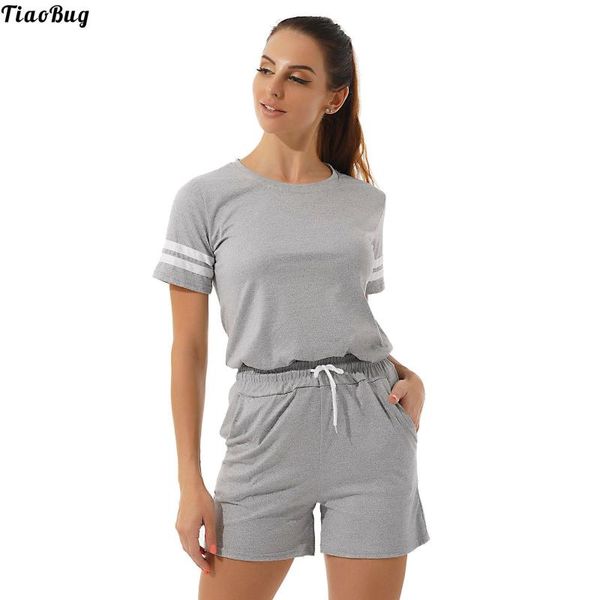 

yoga outfit tiaobug summer women casual 2pcs set sport tracksuit round neck striped short sleeve t-shirt with shorts for running