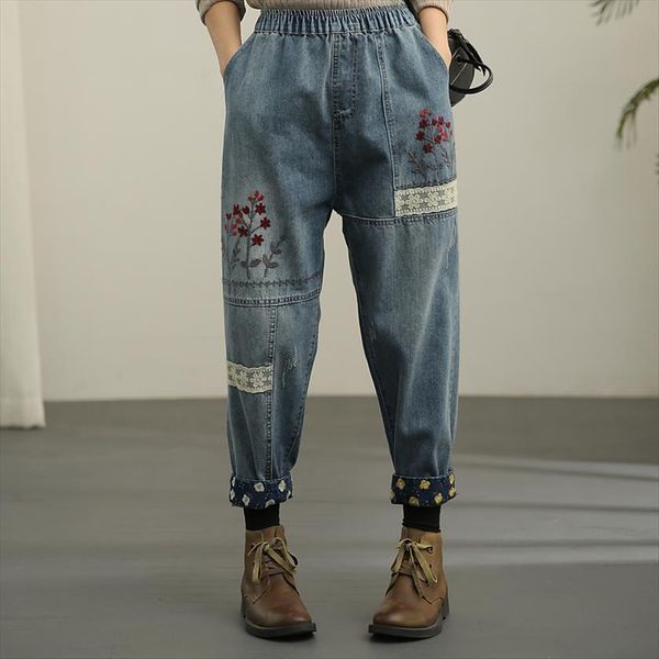

flowers embroidery lace stitch turn women pants edged spring denim leisure trousers, Black;white