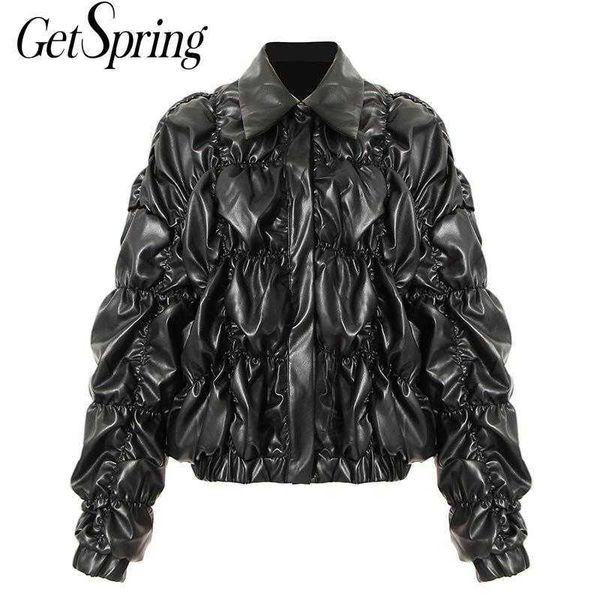 

getspring women leather coat simple pleated jacket fashion faux jackets pu autumn winter 210601, Black