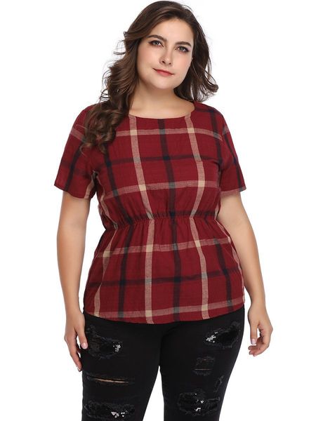 

women's plus size hy3044# large plaid waist t-shirt