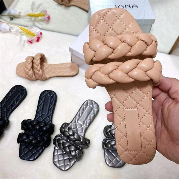 

slippers women woven slip on slides fashion square toe leather flat sandal female outdoor casual flip flops, Black