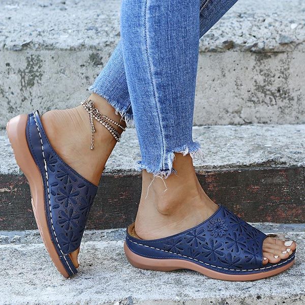 

slides hollow out flip flops sewing shoes summer platform ladies beach women's slippers vintage wedges retro slipper 2021, Black