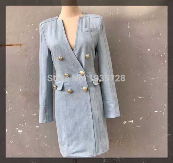 

casual dresses elfstyle runway woman fashion blue denim dress v-neck long sleeves front gold lion button up flap pockets short, Black;gray