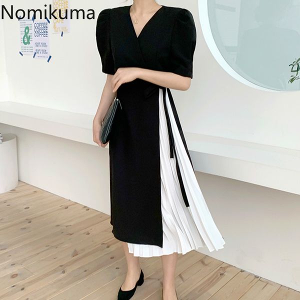 

nomikuma elegant contrast color pleated dress v neck short sleeve slim waist lace up vintage dresses women summer vestidos 3b318 210514, Black;gray