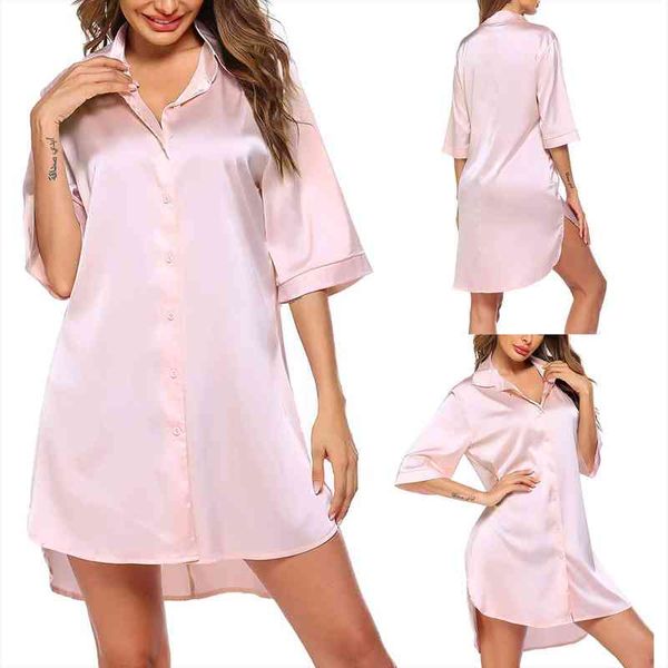 

women solid nightgowns side split button down robe half sleeve silk sleepshirts female nightdress s-xl, Black;red