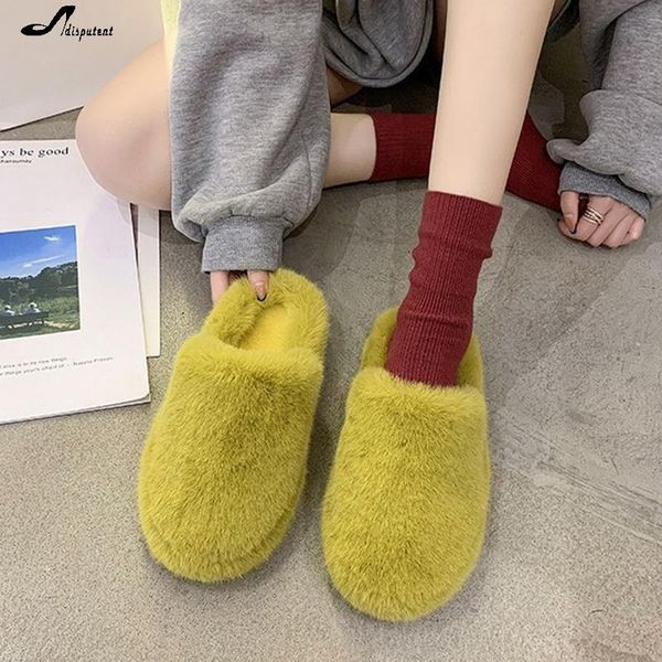

adisputent winter women house slippers faux fur fashion warm shoes woman slip on flats female mule slides home furry, Black