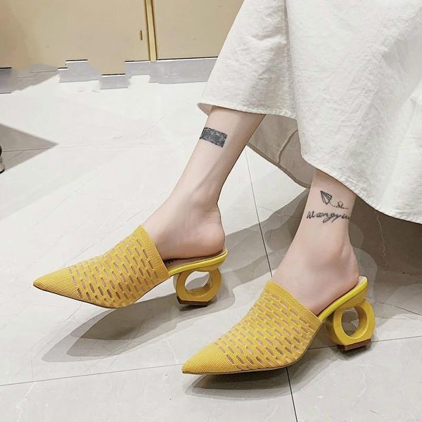 

7cm fretwork heels pointed toe slippers women shoes stretch fabric air mesh mules flip flop slip on slides plus size 43, Black
