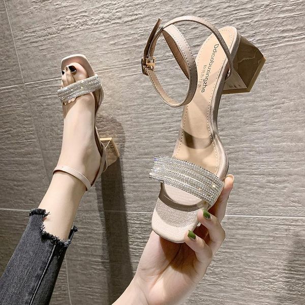 

sandals block heels med rhinestone fashion womens shoes 2021 suit female beige buckle strap chunky medium luxury high black comf