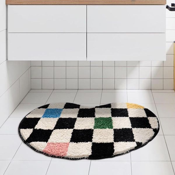 

carpets colorful grids bathroom rug bean shape fluffy entrance carpet area floor pad mat doormat tidy aesthetic home room decor 50x80cm