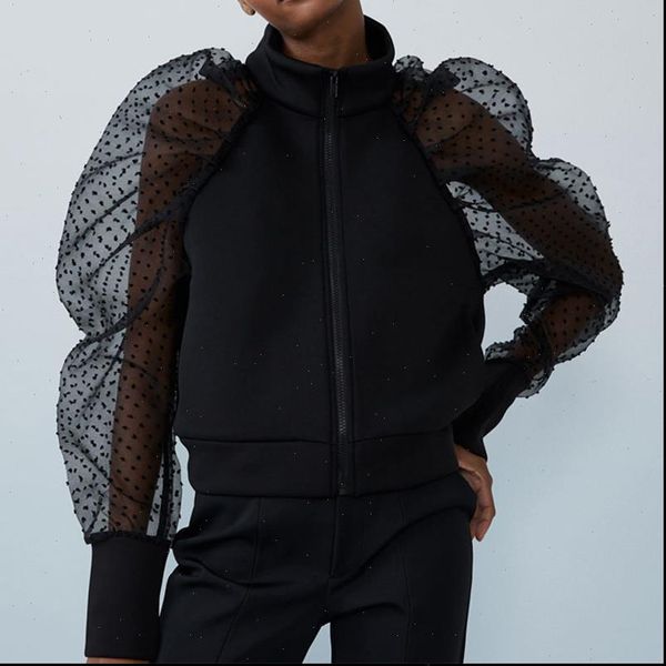 

black lace long womens shirts puff sleeve patchwork stand collar zipper autumn spring fashion shirt ladies, White