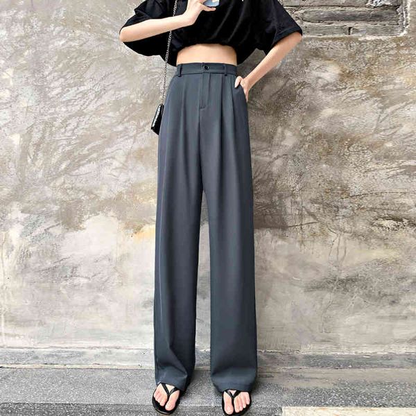 

women's wide leg pants spring and autumn high waist loose mopping large size drape black straight suit 210429, Blue