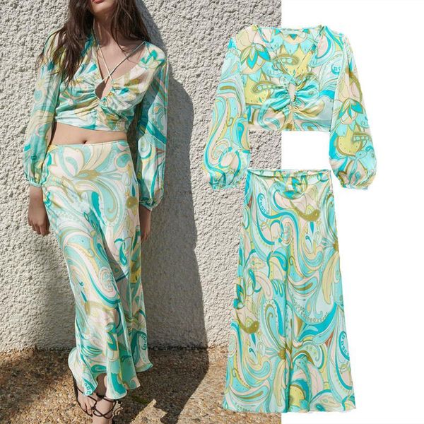 

women's blouses & shirts 2021 summer cropped print blouse women vintage v-neck pleat long pusleeve chic crossed spaghetti straps woman, White