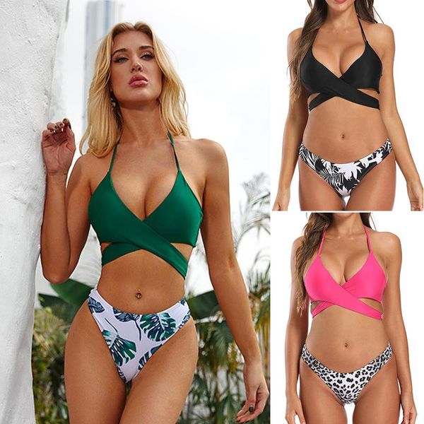 

suspender swimsuit bikini suit for women cross tie split leaf print low waist summer women's open back beach one-piece suits