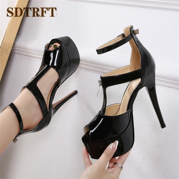 

sandals sdtrft stilettos ladies peep toe platform wedding shoes women 14cm thin heels zapatos mujer catwalk shows zipper pumps, Black