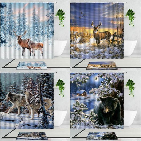 

shower curtains winter elk snow deer bear wolf forest wild animal christmas decor bathroom anti-slip carpet mats bath curtain