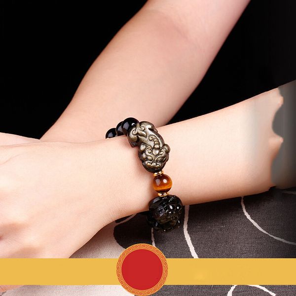 

bracelet natural gold obsidian crooked head double and yellow tiger eye stone men's women's crystal picchu gift, Golden;silver
