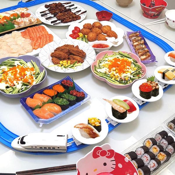 

dishes & plates household mini conveyor belt sushi toy train electric track rotating table diy splicing children