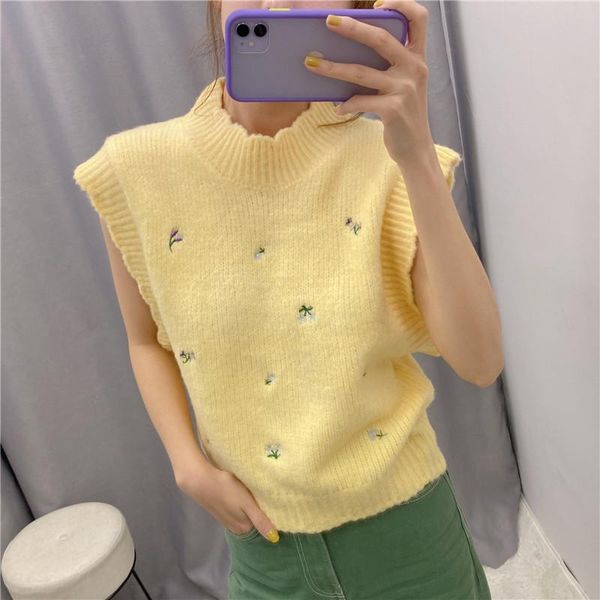 

women's vests women yellow knitted vest waistcoat floral embroidery sleeveless stretchy pullover female cute chic mujer, Black;white