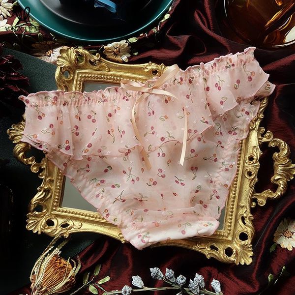 

women's panties cherry cartoon print ladies underwear transparent lace -l low waist fashion girls 2021, Black;pink