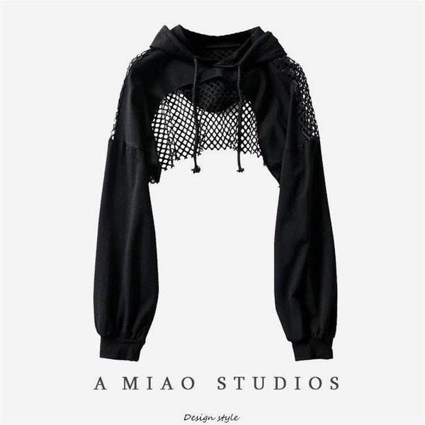 

loose dance long sleeve jazz sweet spice super fire style cut out mesh stitching blouse, Black