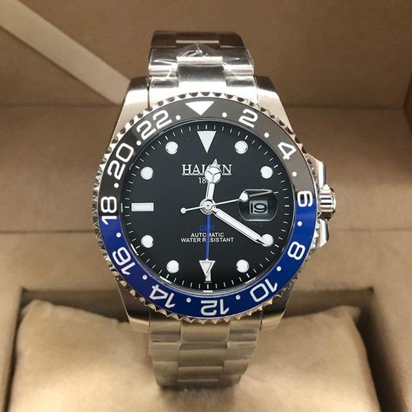 

brand men automatic watch waterproof sports mechanical wristwatch reloj hombre luxury stainless steel gmt wristwatches, Slivery;brown