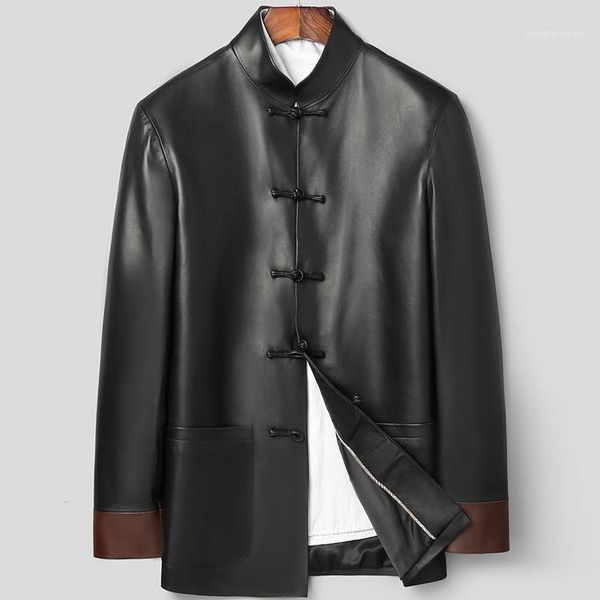 

men's leather & faux collar tang coat chinese style jacket sheep's, Black