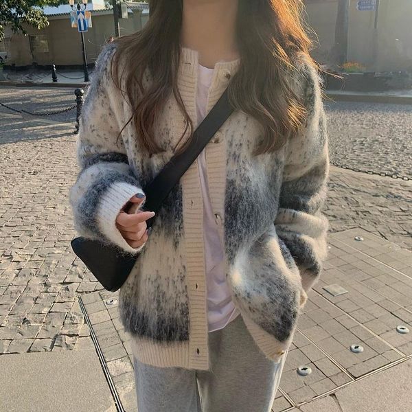 

women's knits & tees sweaters women vintage autumn loose outwear o neck long sleeve grey oversized cardigan coat lazy print sueters de, White