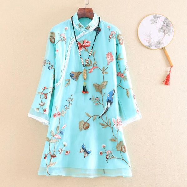 

women's jackets style autumn women coat chinese stand collar embroidery flower loose waist three quarter sleeve plus size s-2xl, Black;brown