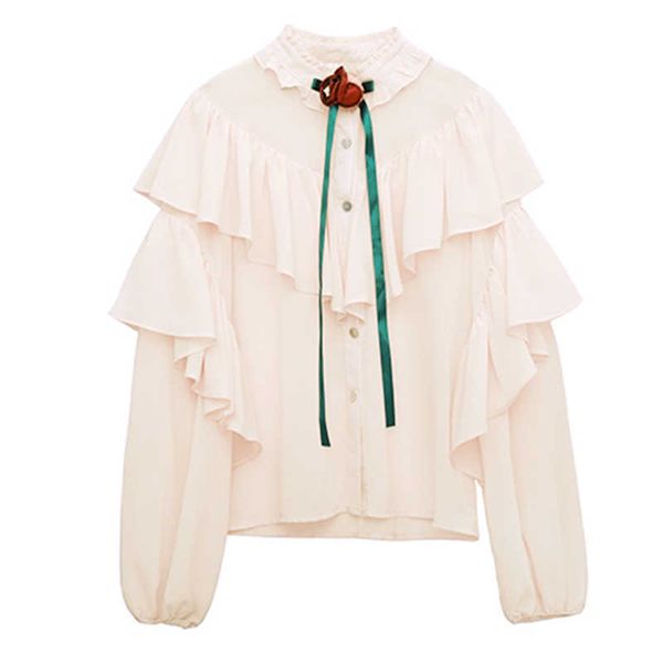 

perhaps u women beige bow solid chiffon vintage shirt long sleeve row of buckles shirt b0245 210529, White