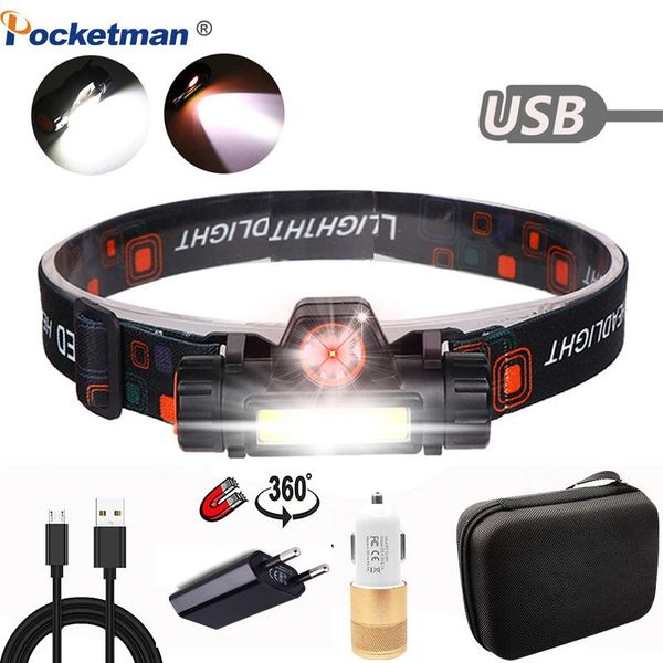 

headlamps portable mini powerful led headlamp t6+cob usb rechargeable headlight built-in battery waterproof head torch lamp