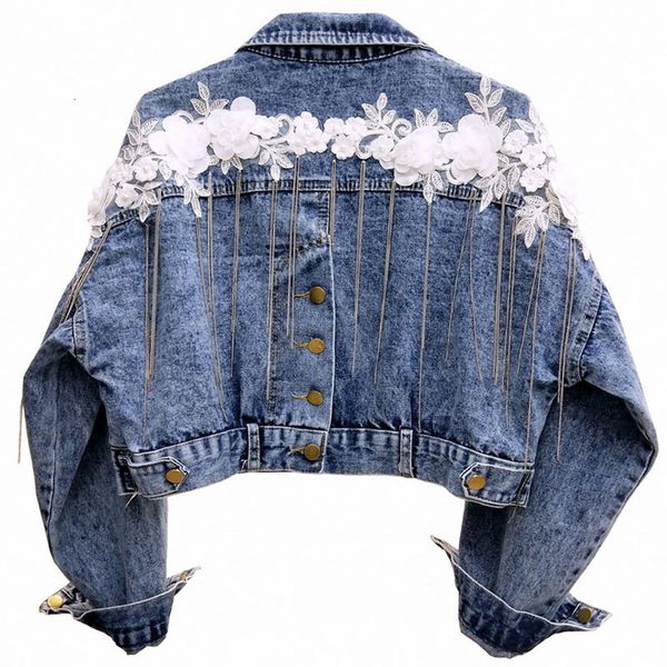 

chic spring vintage floral chain tassels short jackets women long sleeves jean jacket girls denim coat, Black;brown