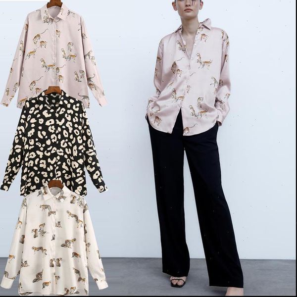 

za womens blouses vintage plus size animal print women lapel collar long sleeve front button high street female loose, White