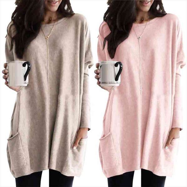 

women long sleeve round neck pullover loose solid color pocketed tunic top, White