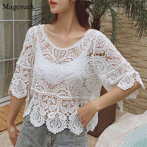 

korean summer hollow out lace crochet shirt women short sleeve sunscreen lady fashion loose women's blouse blusas 14127 210512, White