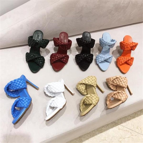 

slippers summer pointed toe weave leather high heel shoes quality women luxury designer ladies sandals casual baech slides, Black